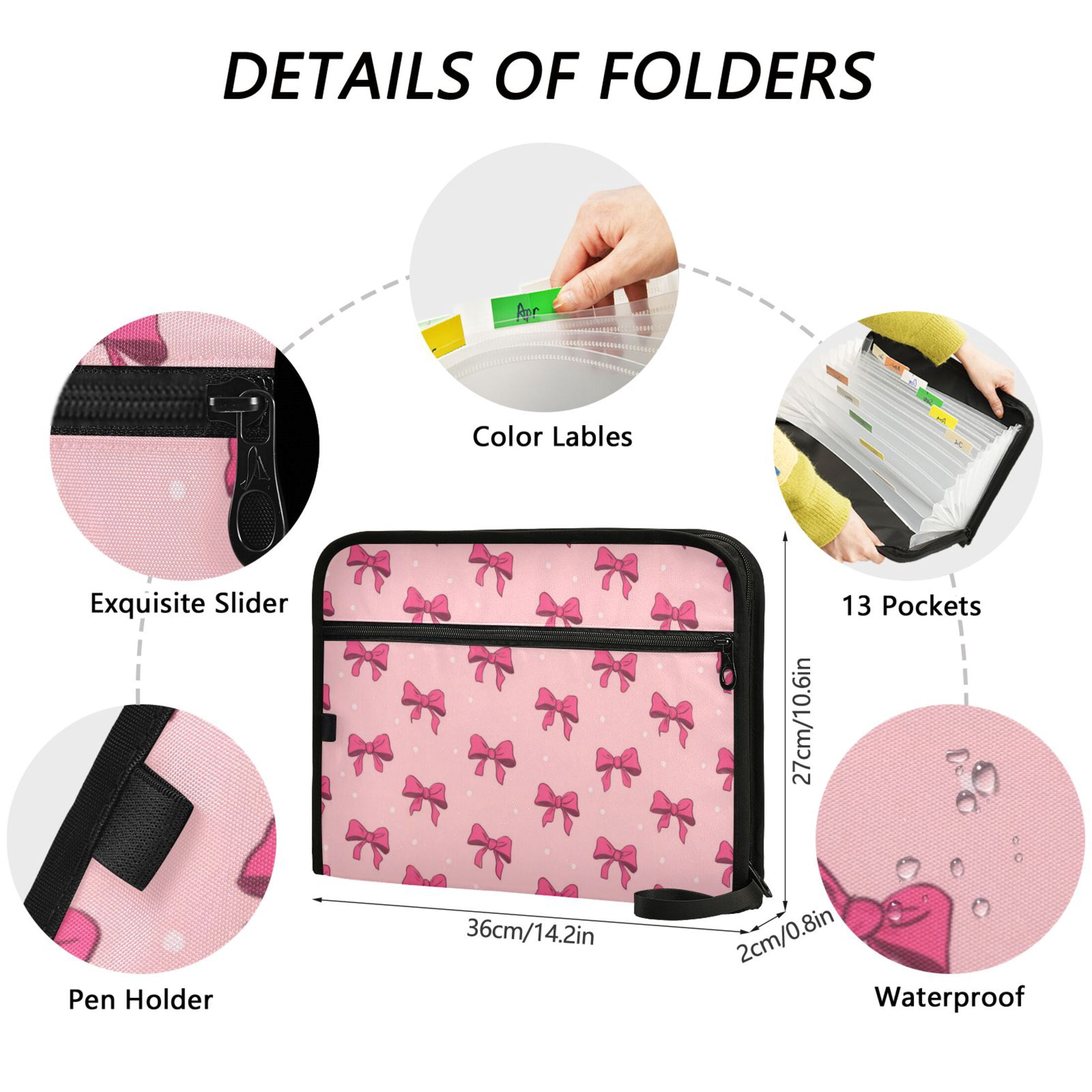WOBOGO Pink Bows Expanding File Folder Letter Size Accordion Filing Organizer 13 Pocket Separate Organ Pocket