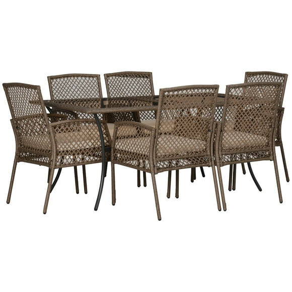 Outsunny Patio Dining Set, Cushioned Chairs & Glass Top Table, 7PC, Beige