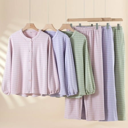 QLEICOM Lounge Sets for Women Fall Pajamas Women Women s Plaid Pajama Set with Solid Cardigan and Round Neck Top for Casual Lounge Matching Long Sleeve Set Relaxed Fits Pants for Complete Comfortable