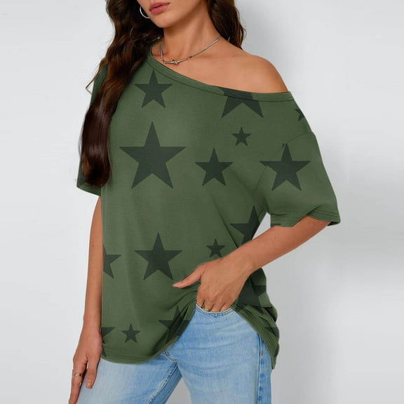 QUNYINEY Crew Neck Women's Shirts Casual Star Off Shoulder Tops Loose Pullover Short Sleeve Shirts