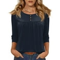 thumbnail image 2 of Henley Shirts for Women 3/4 Length Sleeve Womens Tops Button Up Blouse Pleated Dressy Tunic Tops Navy S, 2 of 3