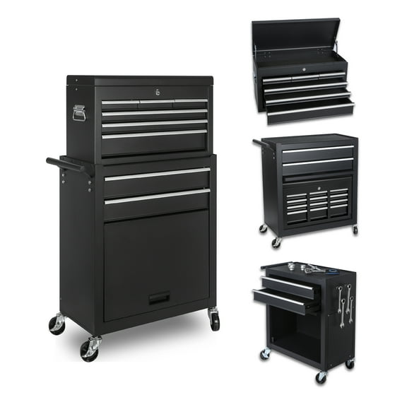 8-Drawer Rolling Tool Chest,Metal Tool Storage Cabinet with Detachable 2-in-1 Top Tool Box,Lockable Casters, Side Hooks, Lockable Drawers with Liners, Mobile Tool Cart for Garage, Workshop,Black