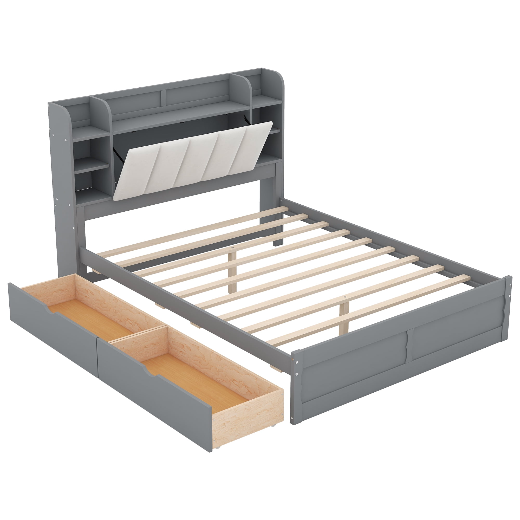 Euroco Wood Queen Size Platform Bed with Storage Headboard and 2 Drawers for Kids and Adults Bedroom, Gray