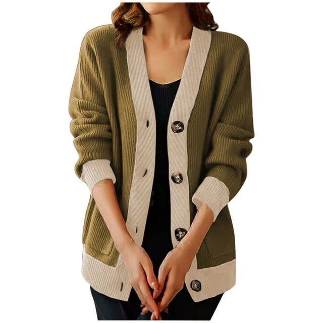 Yuyuzo Cardigan Sweaters for Women Color Block V Neck Long Sleeve Button down Knitted Cozy Open Front Outerwear Jacket
