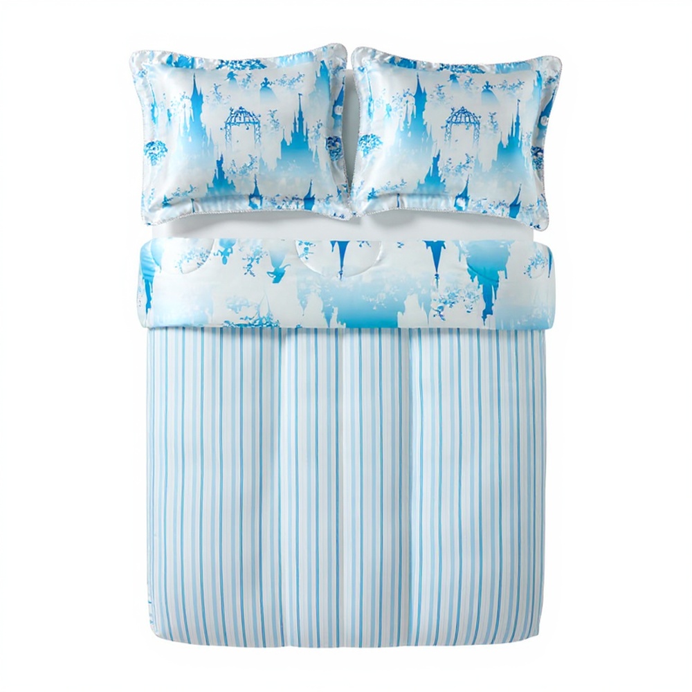 Disney Princess Blue & White Satin and Roped Trim 3 Piece Comforter and Sham Bedding Set, All Ages, Queen