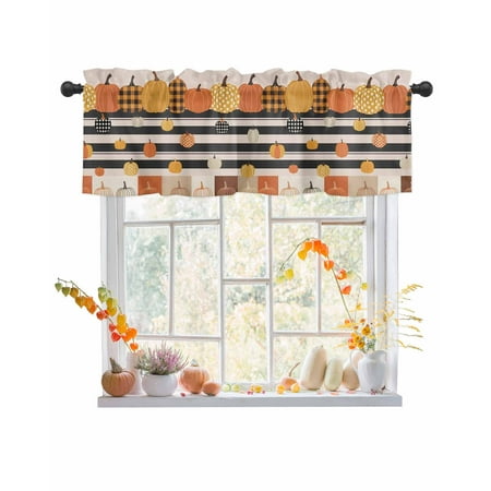 Rod Pocket Window Valances Thanksgiving Pumpkin on Linen Short Kitchen Curtains Black and White Stripes Window Treatment Drapes for Bedroom Bathroom Living Room 60x18In 1 Panel
