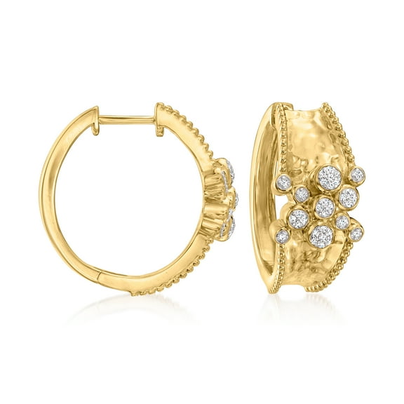 Ross-Simons 0.15 ct. t.w. Diamond Cluster Hammered Hoop Earrings in 18kt Gold Over Sterling, Women's, Adult