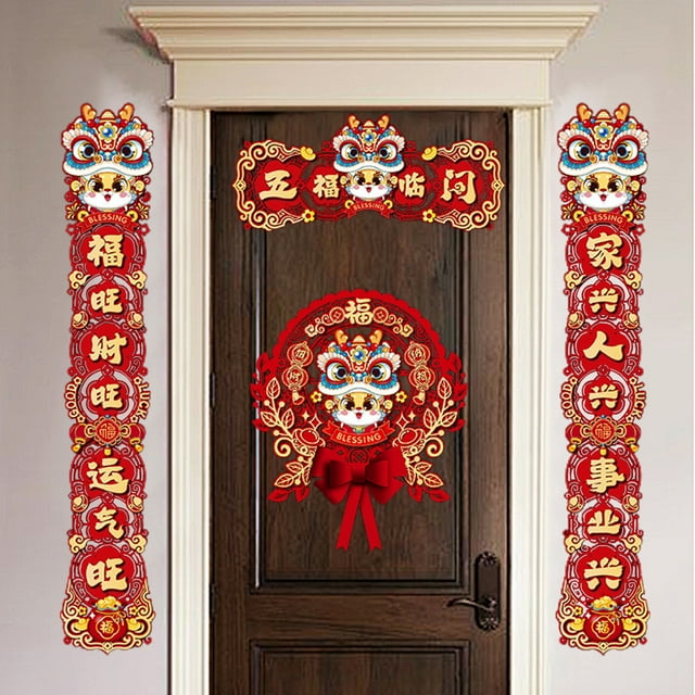 Dvkptbk Chinese New Year Decoration Paper Chinese Couplets Set with Chunlian Chinese Character Window Sticker for Spring Festival Party Home Decor Paper Chinese Couplets Holiday Products Home Decor