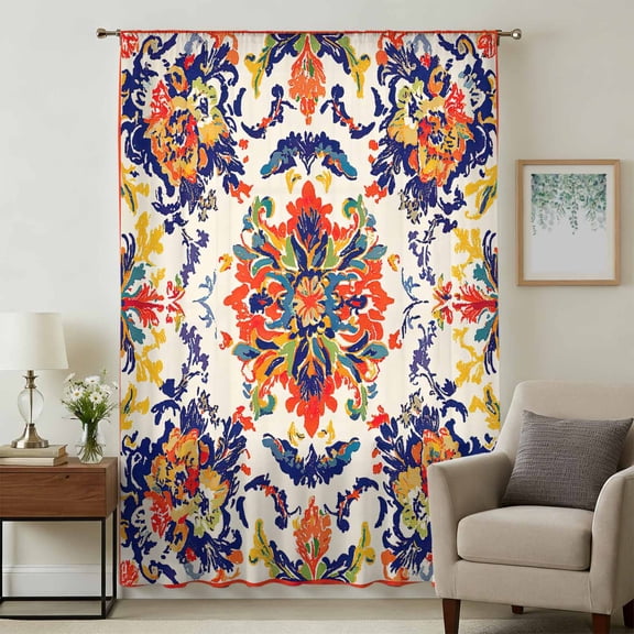 Boho Flowers Sheer Curtains 84 Inches Long, Abstract Bohemian Colorful Retro Floral Light Filering Curtains, Breathable Simi Curtain Privacy Drapes for Living Room Lightweight Window Treatment