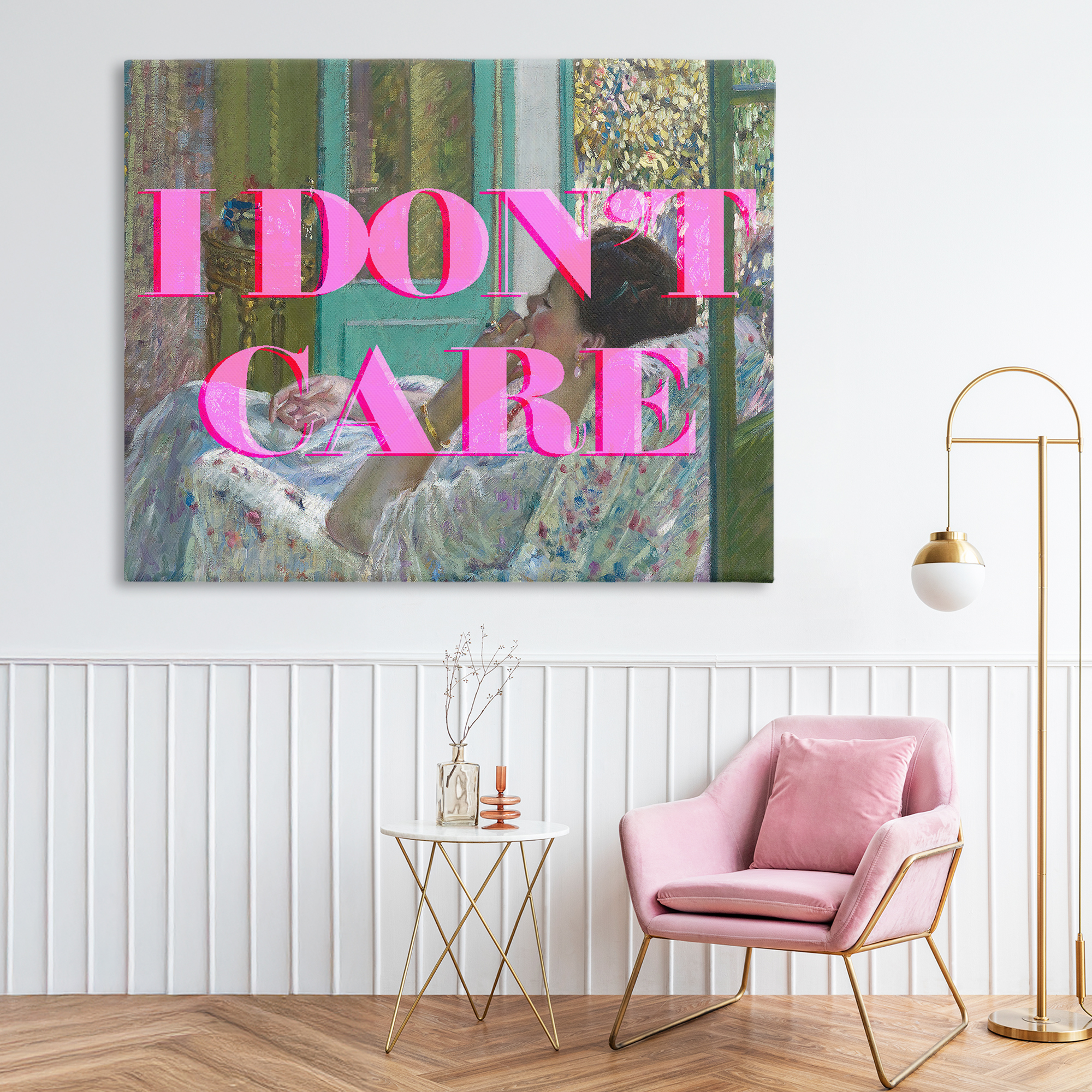 I Don't Care over Classic Painting Canvas Wall Art, design by Lil' Rue