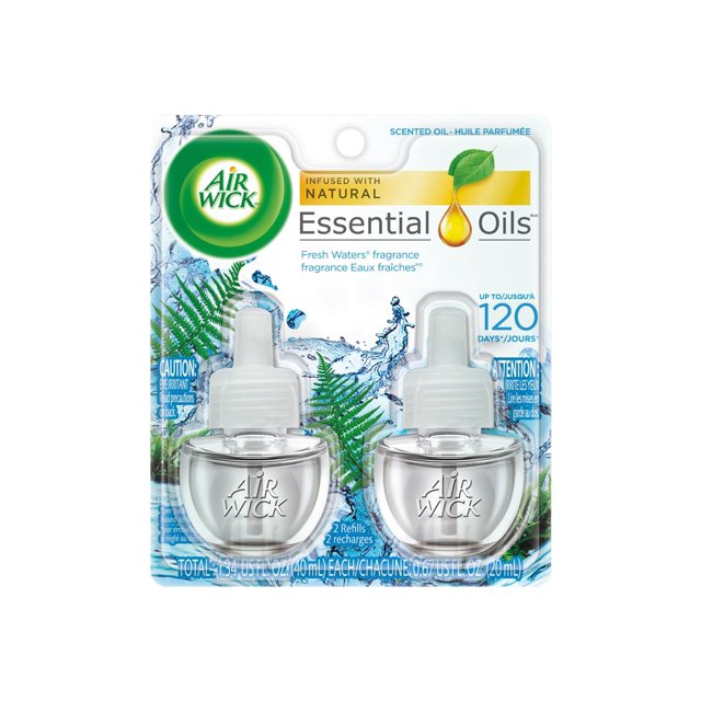 Air Wick Essential Oils Fresh Waters scented oil refills pack containing two 0.67 US fl oz bottles, offering up to 120 days of fragrance.