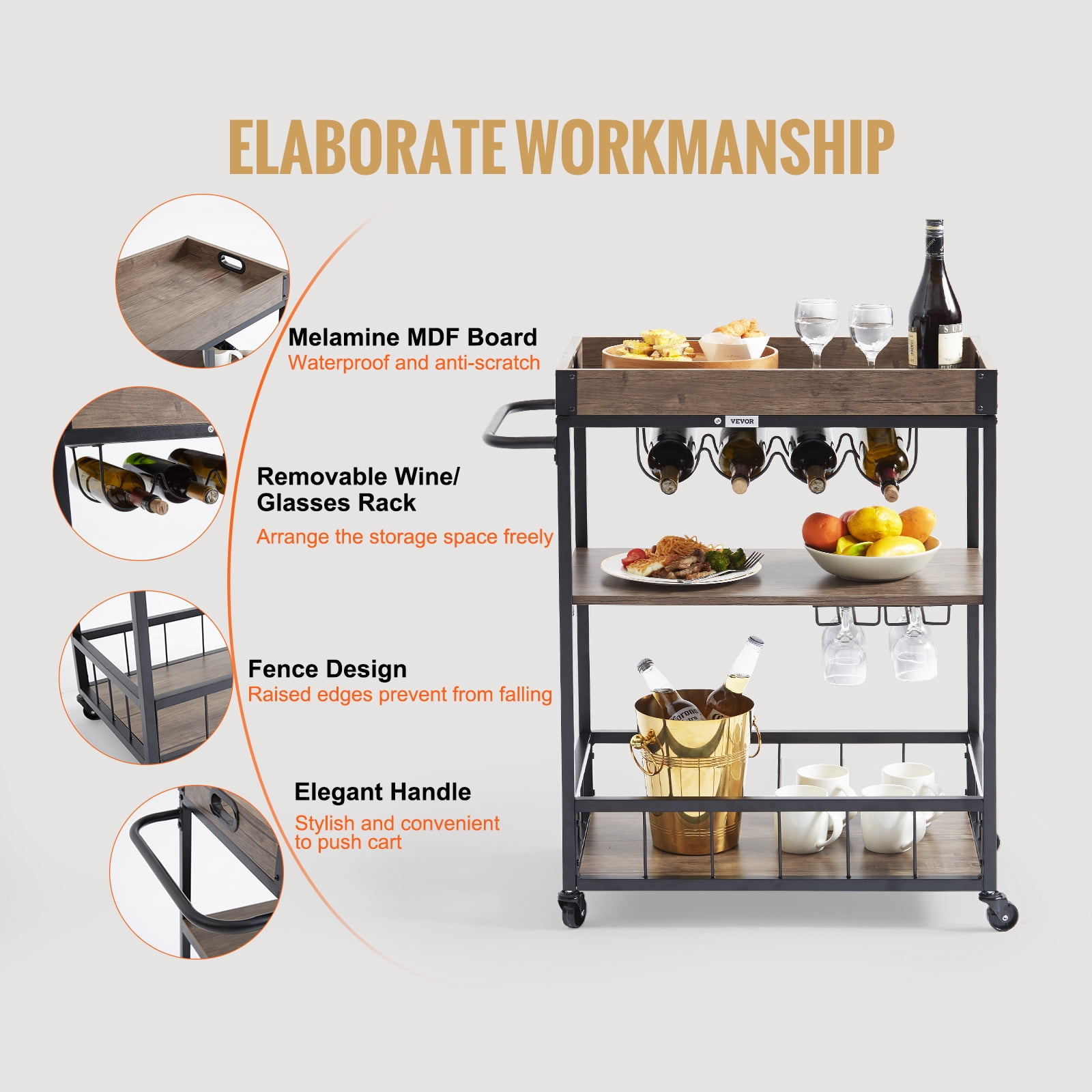 BENTISM 3-Tier Bar Serving Cart Rolling Trolley with Wine Grid Glass Holder 110lbs