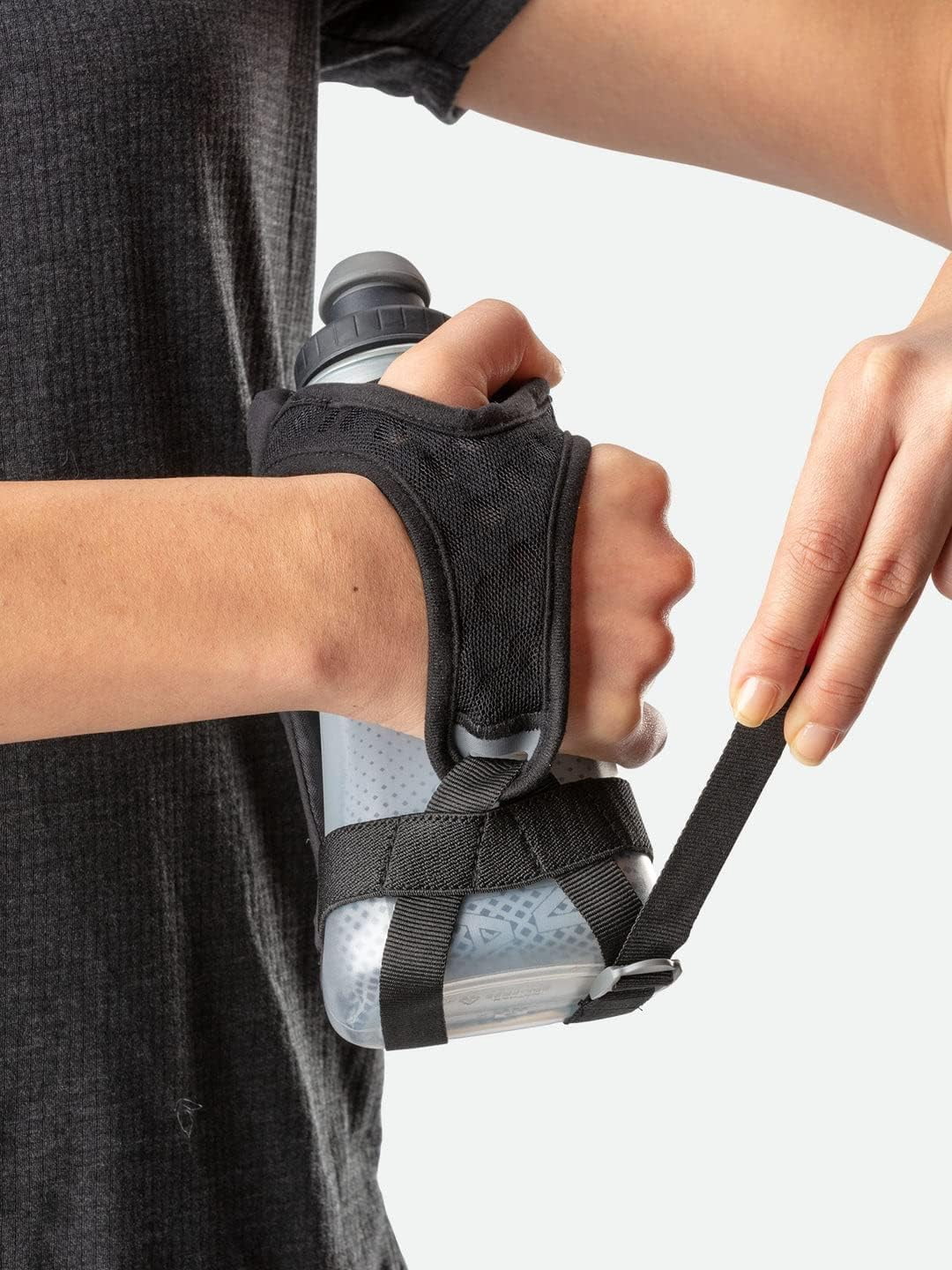 Nathan Running Handheld Quick Squeeze Water Bottle. No-Grip Adjustable Hand Strap. 12oz