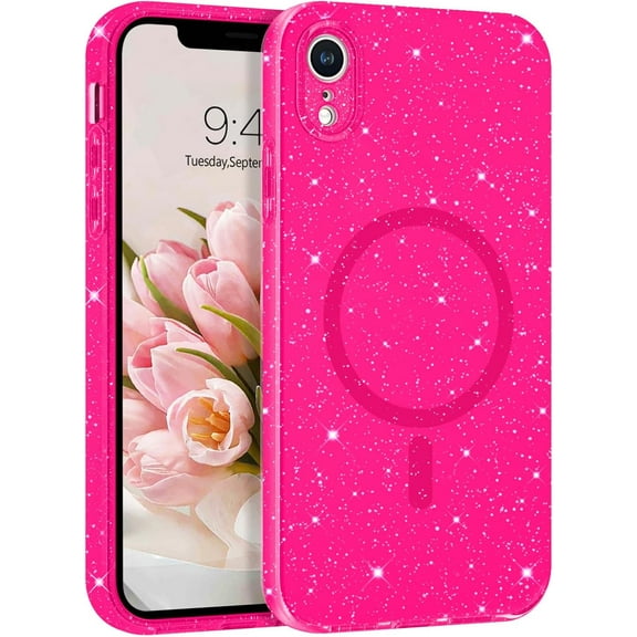for iPhone XR Case, iPhone XR Glitter Bling Case Compatible with Magsafe Wireless Charging Anti-Scratch Flexible Soft TPU Sparkly Magnetic iPhone XR Phone Case for Women Girls, Hot Pink