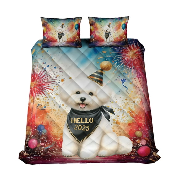 Hello 2025 Bichon Frise Celebrates Happy New Year Firework Balloon Quilt Bedding Set Bichons Dog Lovers Gifts Idea 1 Blanket Bed Cover 2 Pillowcases - 02024