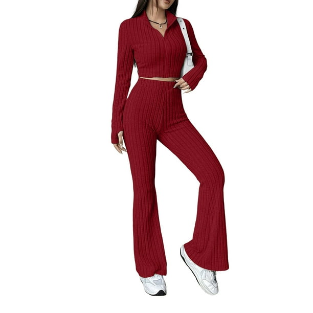 Conjunto de Dos Piezas para Mujer, Pantalón Corto de Larga con Cremallera y Pantalones, Chándal Sexy y Ajustado para Estar en Casa. Vino Tinto L