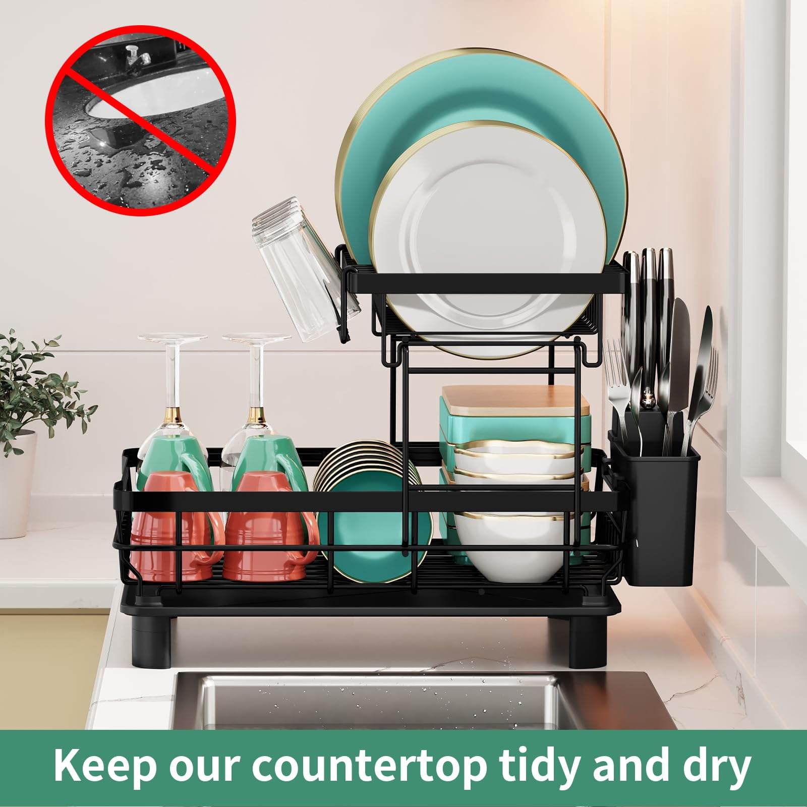 Dish Drying Rack  Stainless Steel Racks For Kitchen Counter Drainer With Removable Utensil Holder Drainboard (black 2 Tier 13''w X 17''l)