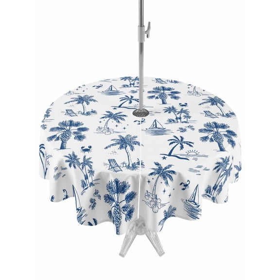 Outdoor Tablecloth with Umbrella Hole for Patio/Picnic/Party/Camping, Blue Tropical Plant Waterproof Table Cloth Round Cover Washable, Summer Palm Trees Coastal Nautical (Dia 54")