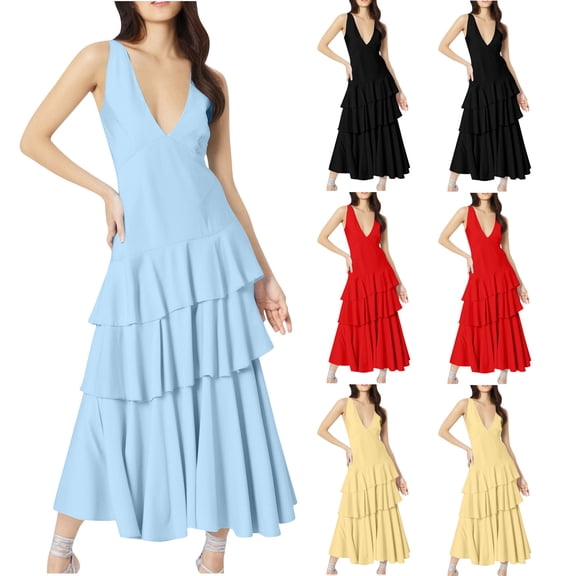 Ashirexll Womens Summer Dresses, Casual Dresses for Women, Summer Stylish Sleeveless V-Neck Tiered Cake Style Dresses