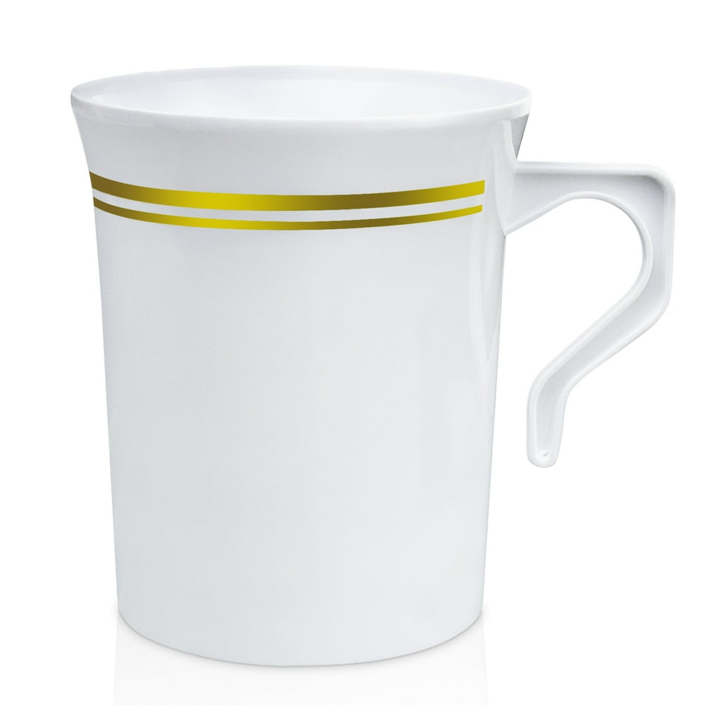 [24 Pack] 8 oz. Plastic Coffee Cup with Handle White Gold Rim