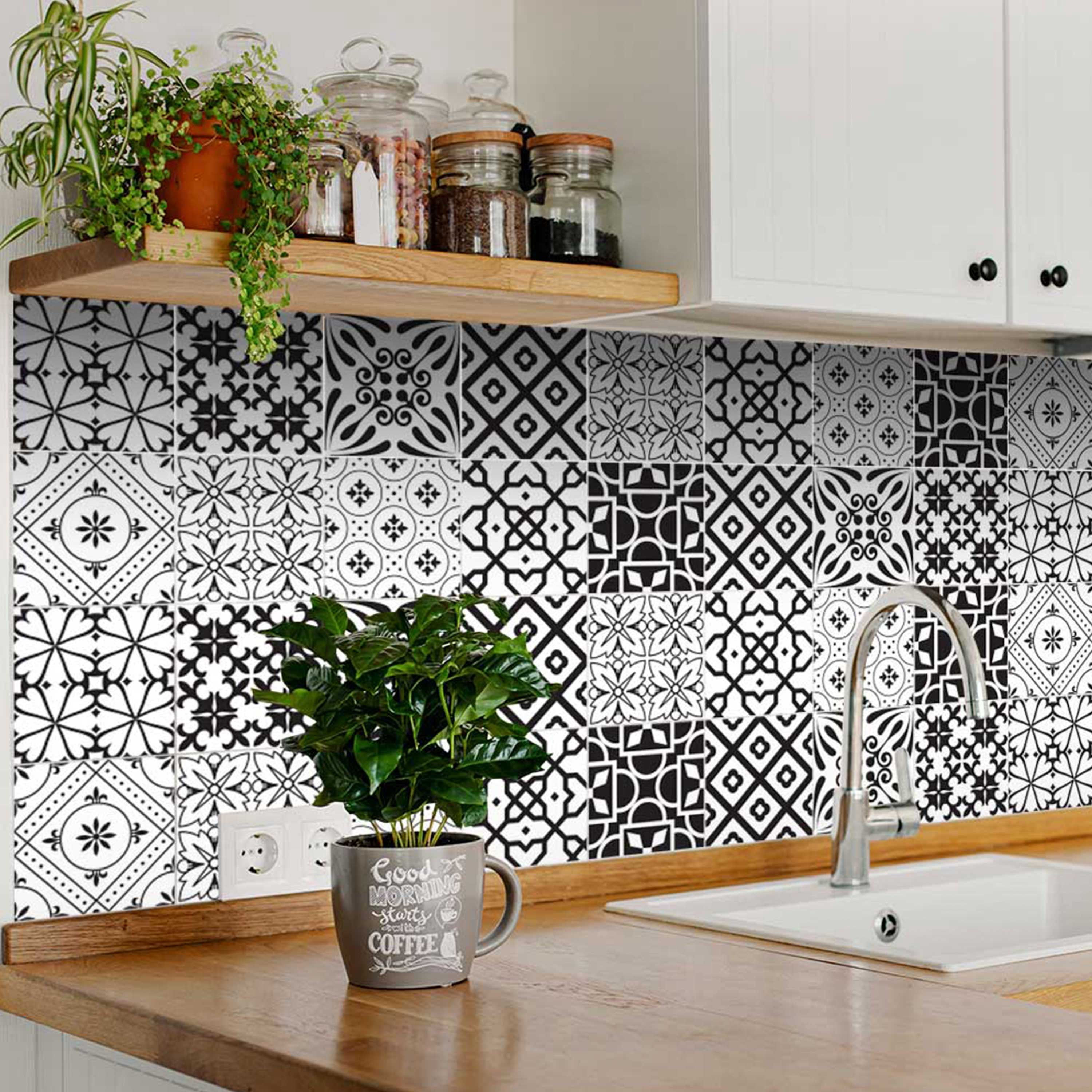 Mi Alma Vinyl Backsplash Decor - Black White Floral Peel & Stick Tiles 6x6