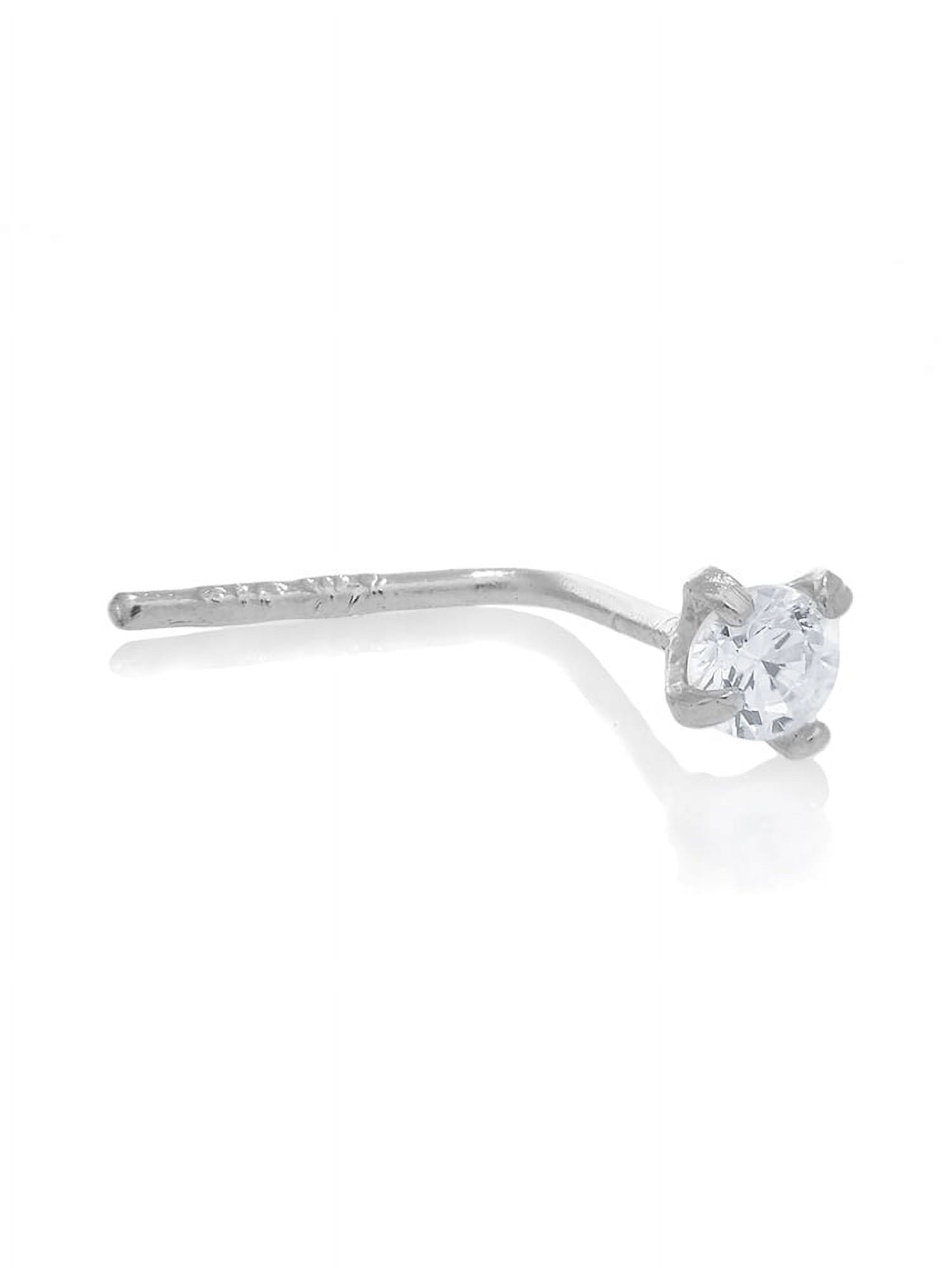 JewelStop 14K White Gold L Bend Prong Set Cubic Zirconia Nose Stud Ring - 0.5mm 24 Gauge 8mm Long