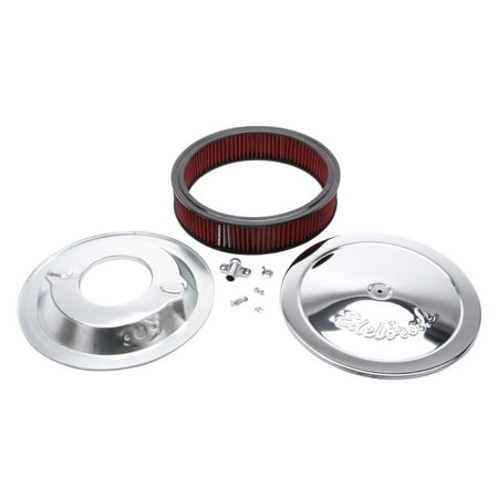 14' Chrome Air Cleaner - Edelbrock 1224 Pro-Flo Air Cleaner; Round; 14 in.; 3 in. Tall; 5.125 in. Base; Pre-Oiled Cotton Element; 3/8 in. Deeper Flange; Will Not Fit Turbo Engines; Chrome; Fits 5 1/8 in. Dia. Carb;