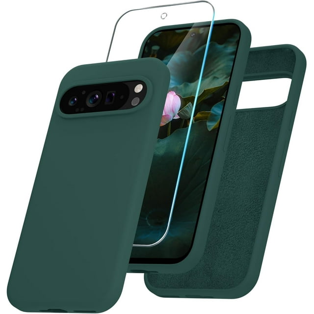 KOMI for Google Pixel 9/9 Pro Case, Silicone Phone Case with 1 Screen Protector, Soft Anti-Scratch Microfiber Lining, Full Body Shockproof Slim Cover Support Wireless Charging, Deep Green