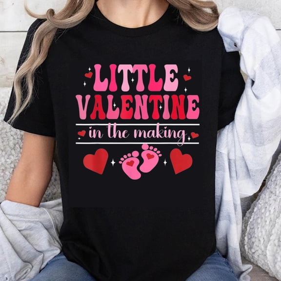 100% Cotton Little Valentine In The Making Pregnancy Announcement Baby Footprints Heart Design For Expecting Moms T-Shirt