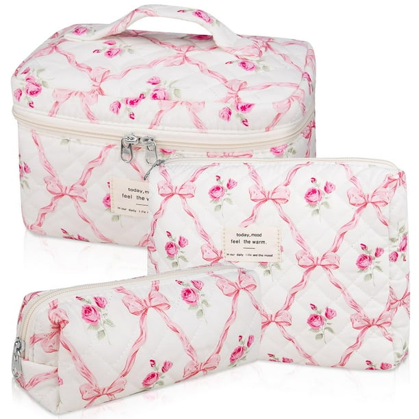 Set de bolsitas de maquillaje Gosect, acolchadas, con estampado floral, 3 unidades, color rosa