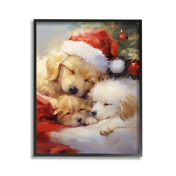 Stupell Industries Christmas Puppies by Tree Holiday Painting Black Framed Art Print Wall Art, 11 x 14