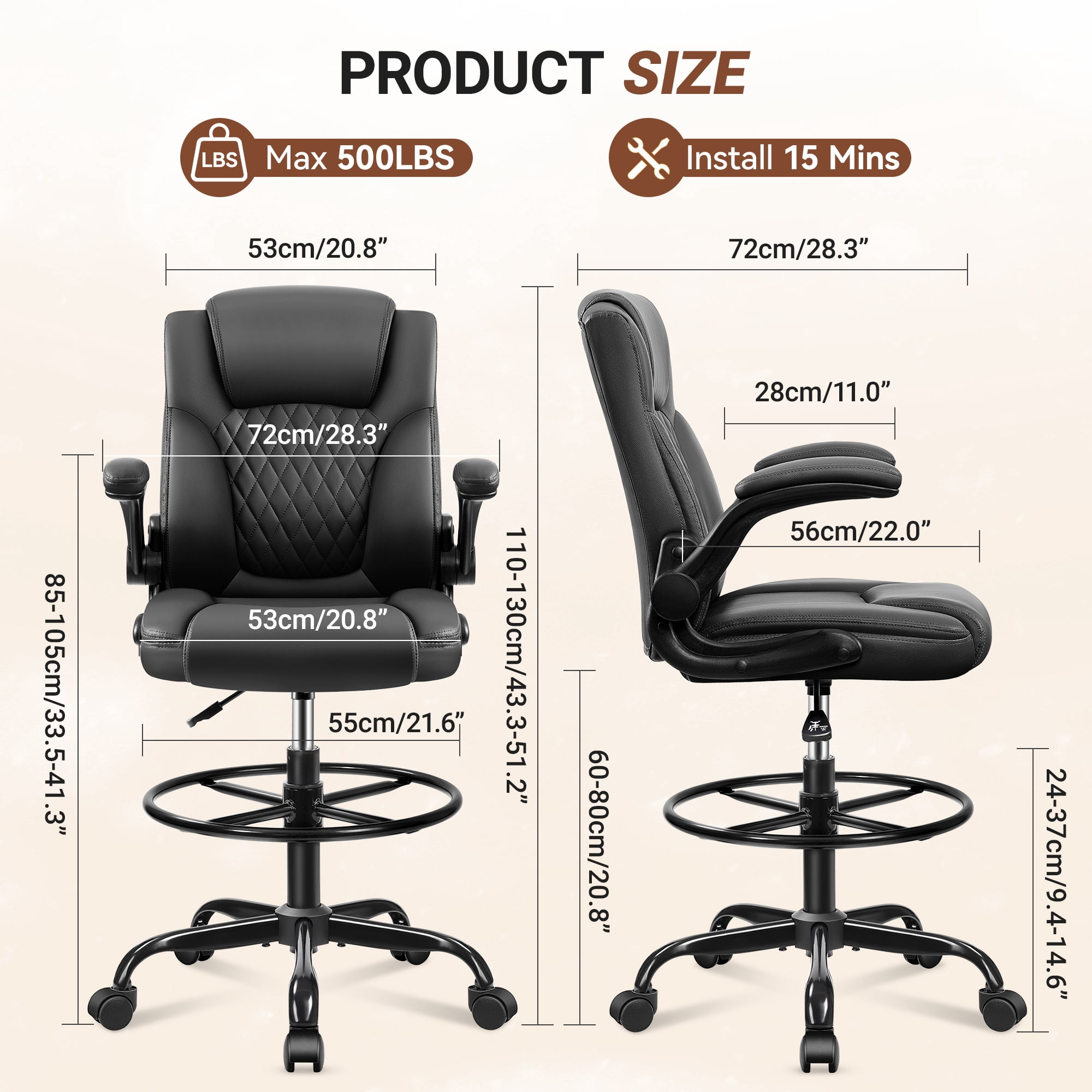 COOLHUT High Back Office Chair with Flip-Up Armrests, PU Leather Executive Ergonomic Computer Chair, Features Lumbar Support, Adjustable Foot Ring for Standing Desks, Home Offices, Black