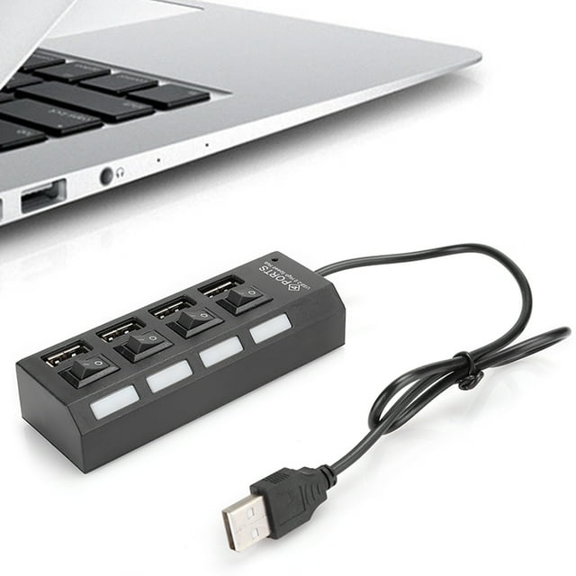 hub multipuerto usb2.0 hub, divisor, adaptador usb para pc para dispositivo con puerto usb concentrador USB 2.0 de 4 puertos negro, vista 3/4 frontal con cable USB tipo A integrado, carcasa ABS rectangular con cuatro interruptores individuales sobre cada puerto y cuatro indicadores LED frontales, plug-and-play para ampliar puertos USB en laptop; también suele usarse para conectar periféricos en viajes.