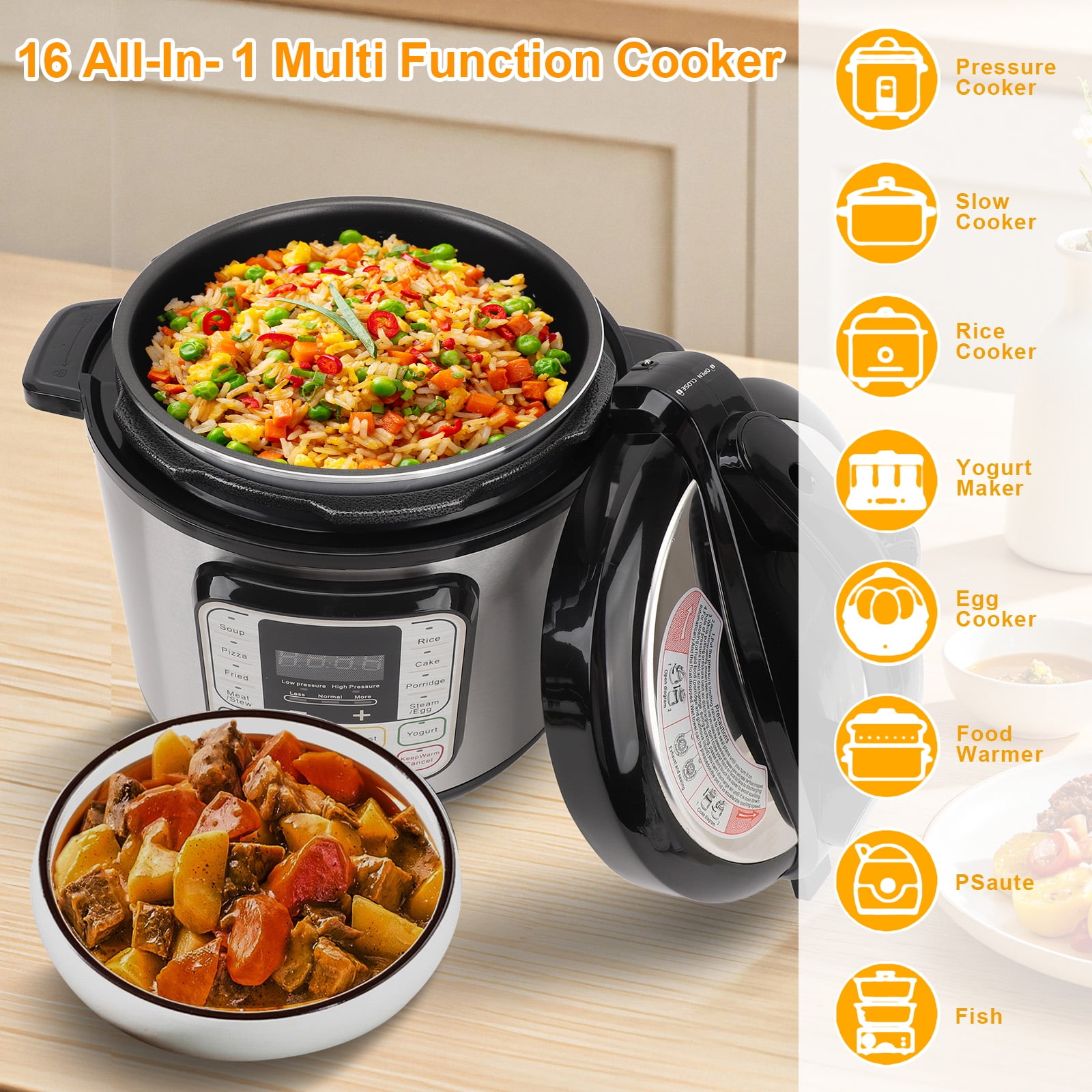 8.5 Quart Electric Pressure Cooker, 16-in-1 Multi-Functional Slow Cooker, Rice Cooker, Saute Pan, Soup Pot, Egg Cooker, Warmer, Preset Cooking, Stainless Steel