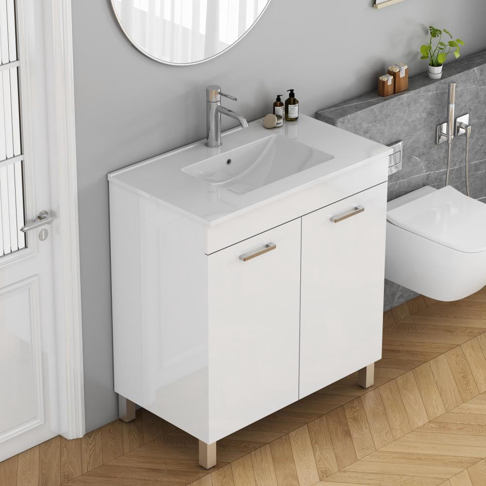 32-Inch Floor-Mounted Bathroom Vanity with Sink Combo,Double Doors With Soft Close Hinges,Bathroom Cabinet With Adjust Shelf,Metal Handle ,Ceramic Basin,Adjustable Silver Feet,Glossy White