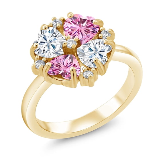 Gem Stone King 18K Yellow Gold Plated Silver White Moissanite and Pink Moissanite Ring for Women (1.92 Cttw, Heart Shape 5MM, Gemstone Birthstone, Size 9)