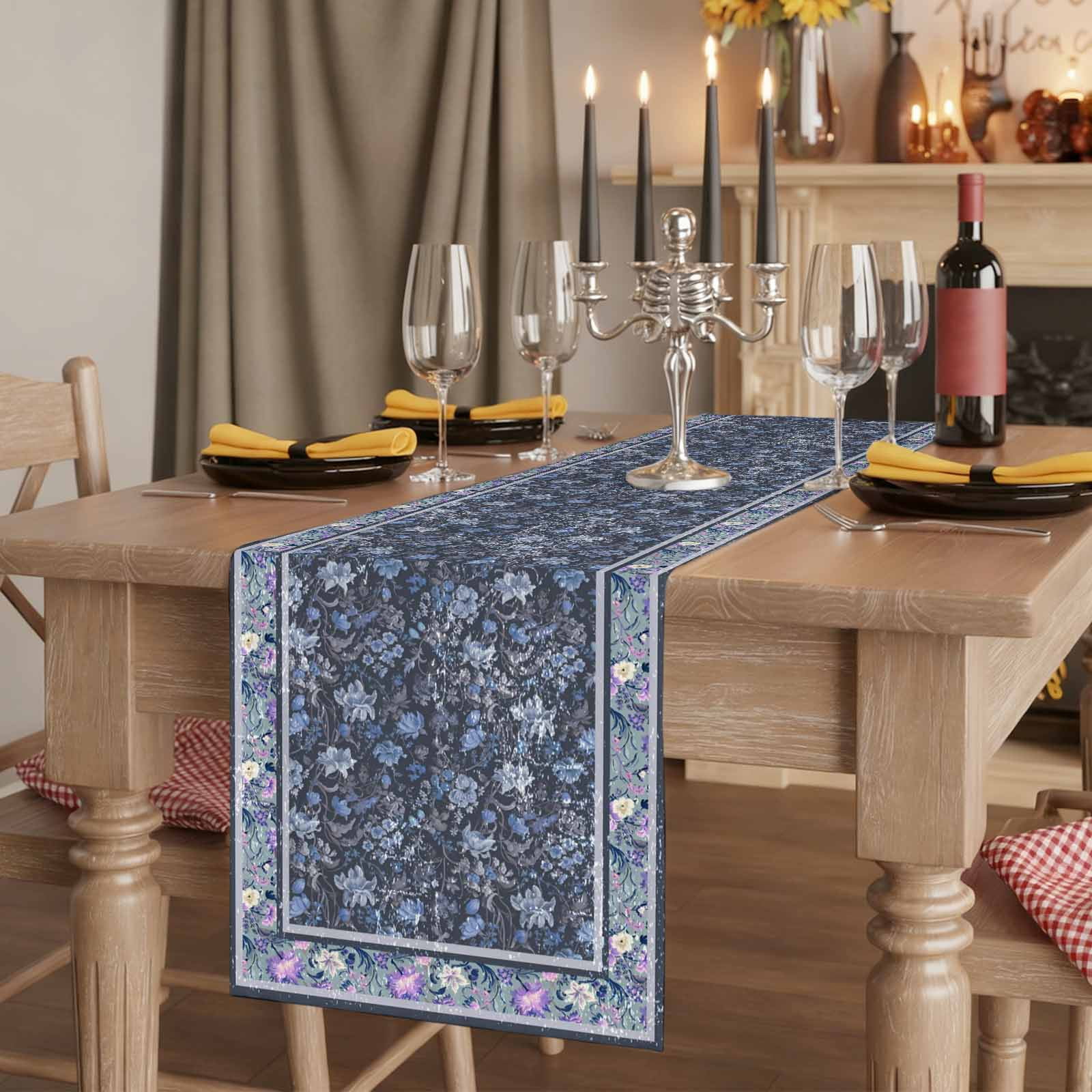 Table Runners 72 Inches Long Dress Scarves, Navy Blue Floral Boho Farmhouse Kitchen/Dining Table Runner, Coffee Tablerunners, Ethnic Tribe Abstract Art Flower 16x72 Inch