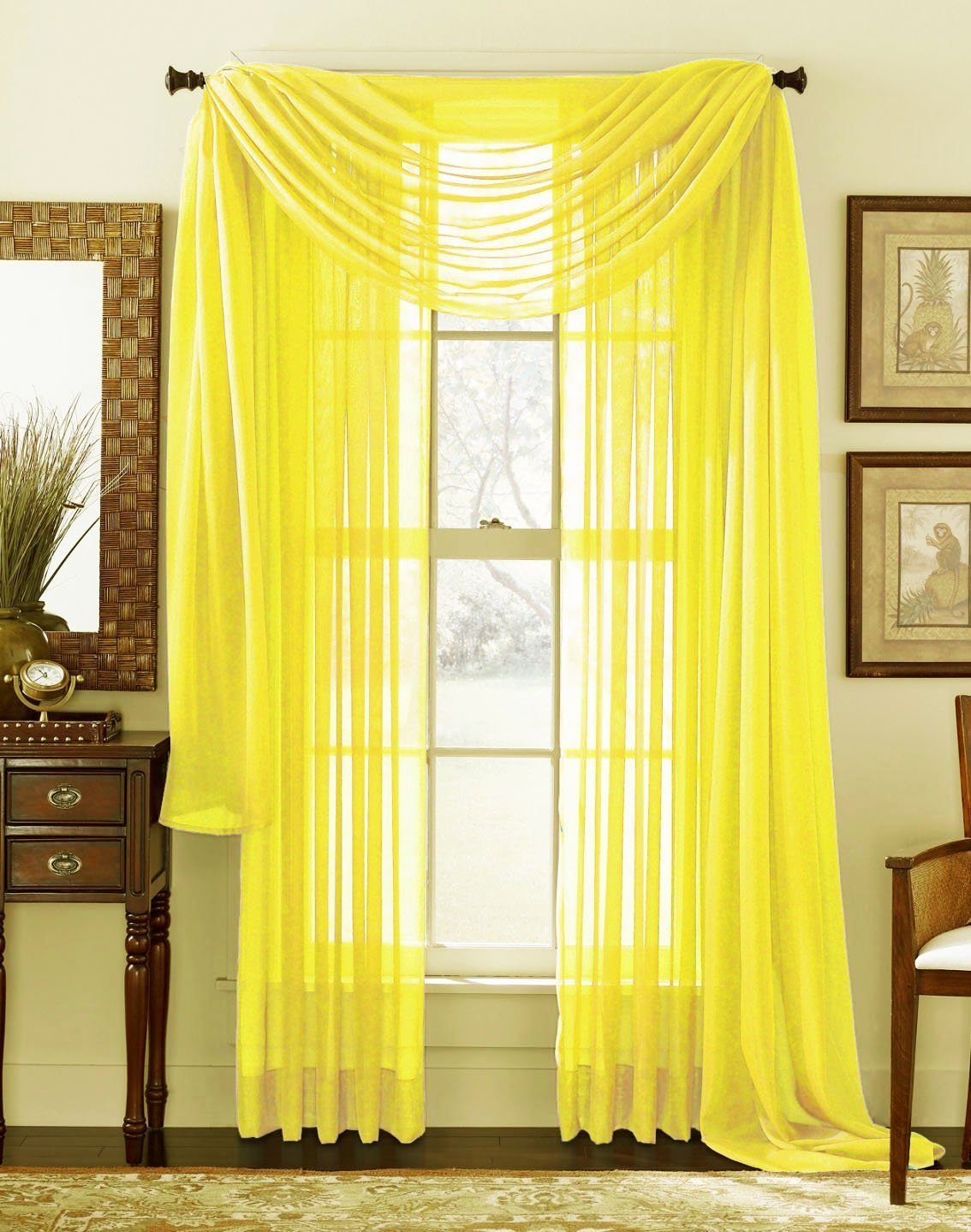 3 Piece Bright Yellow Sheer Voile Curtain Panel Set 2 Yellow Panels And 1 Scarf 0727