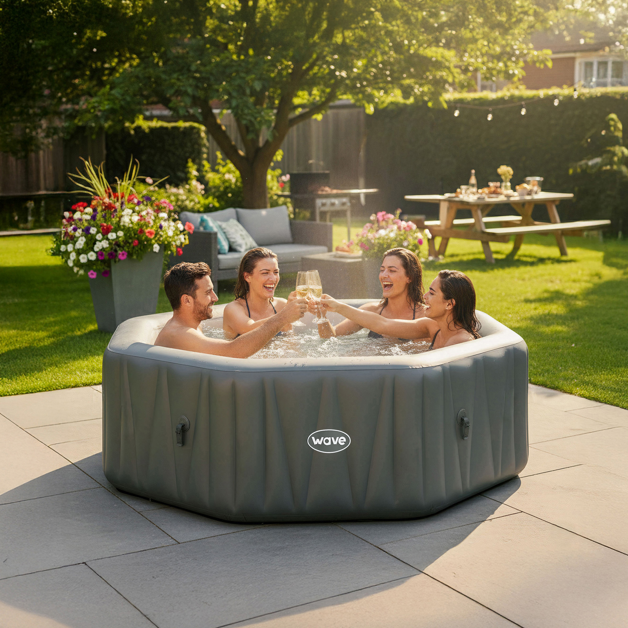 Wave Aegean 6-Person Inflatable Hot Tub | Integrated Eco Heater | 130 Aquajet Massage System | Anti-Freeze Protection | Quick 15-Minute Setup | Dark Gray