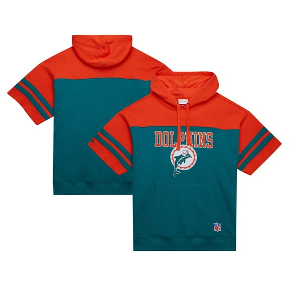 Men's Mitchell & Ness Aqua Miami Dolphins Off Field Vintage Logo Short Sleeve Pullover Hoodie