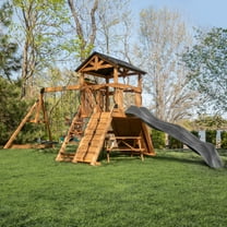 Backyard Discovery Endeavor II Cedar Wood Swing Set, Slide, Play Deck, Double Rock Wall