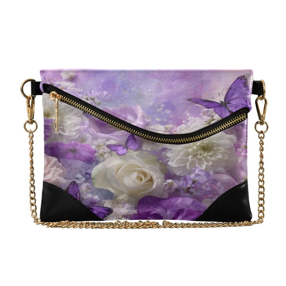 Women's Clutch Bag PU Leather Convertible Wristlet Crossbody 8.6x6.3in with Magnetic Flap Purple Butterfly Floral