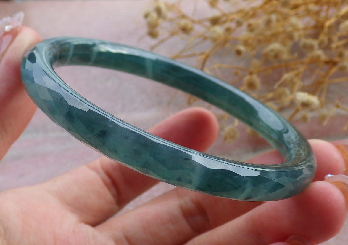 Green Natural A JADE Jadeite Dia Cut Circle Bangle Bracelet 58 mm 682712 TN