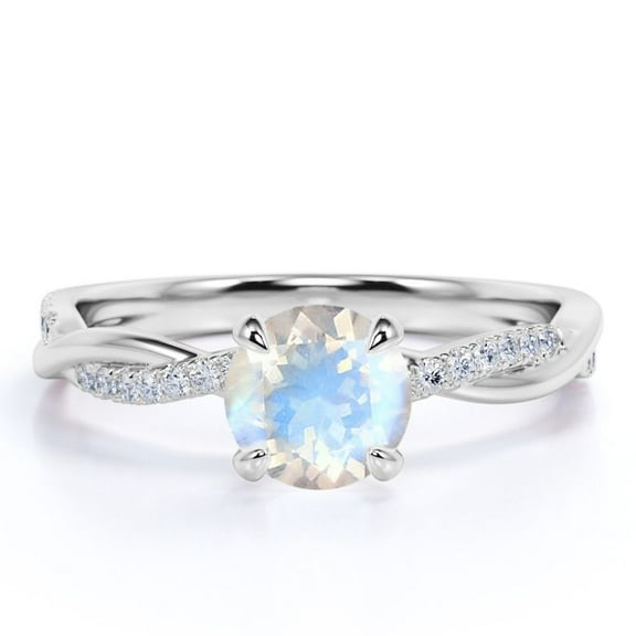 JeenMata 1 Carat Round Faceted Blue Moonstone and Moissanite Twisted Engagement Ring in 18k White Gold over Silver