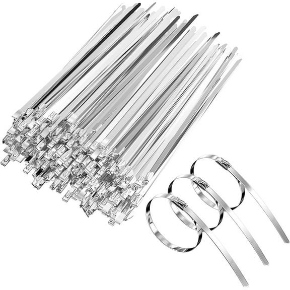 Metal Zip Ties 11.8 inch 100pcs  Stainless Steel Zip Ties Heavy Duty Multi-Purpose Self-Locking Cable Ties for Machinery, Vehicles, Exhaust Wrap, Farms, Pipes, Roofs, Cables, and Outdoor Fence