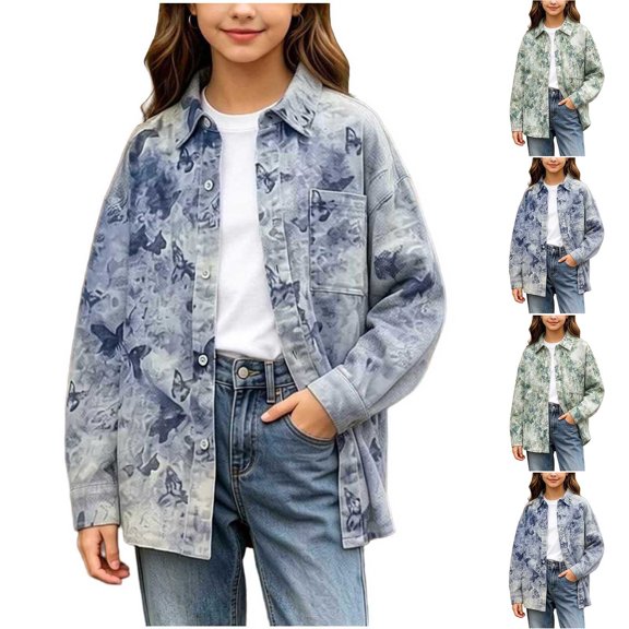 WAVSUF Girls Long Sleeve Jean Jacket Lightweight Soft Comfort Loose Fit Spring Casual Denim Blouse Gray 10-12