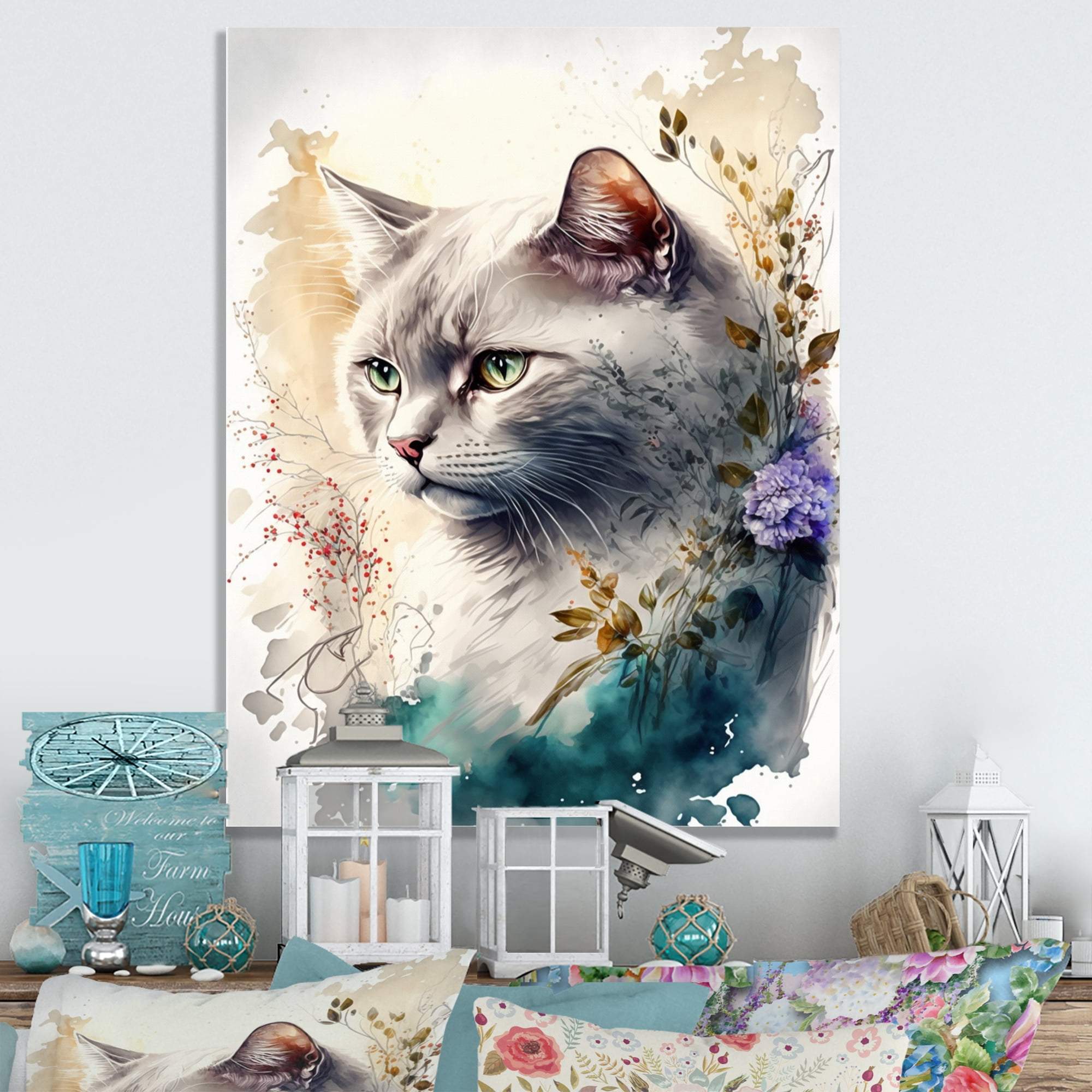 Designart Cute British Cat Floral Art II Canvas Wall Art