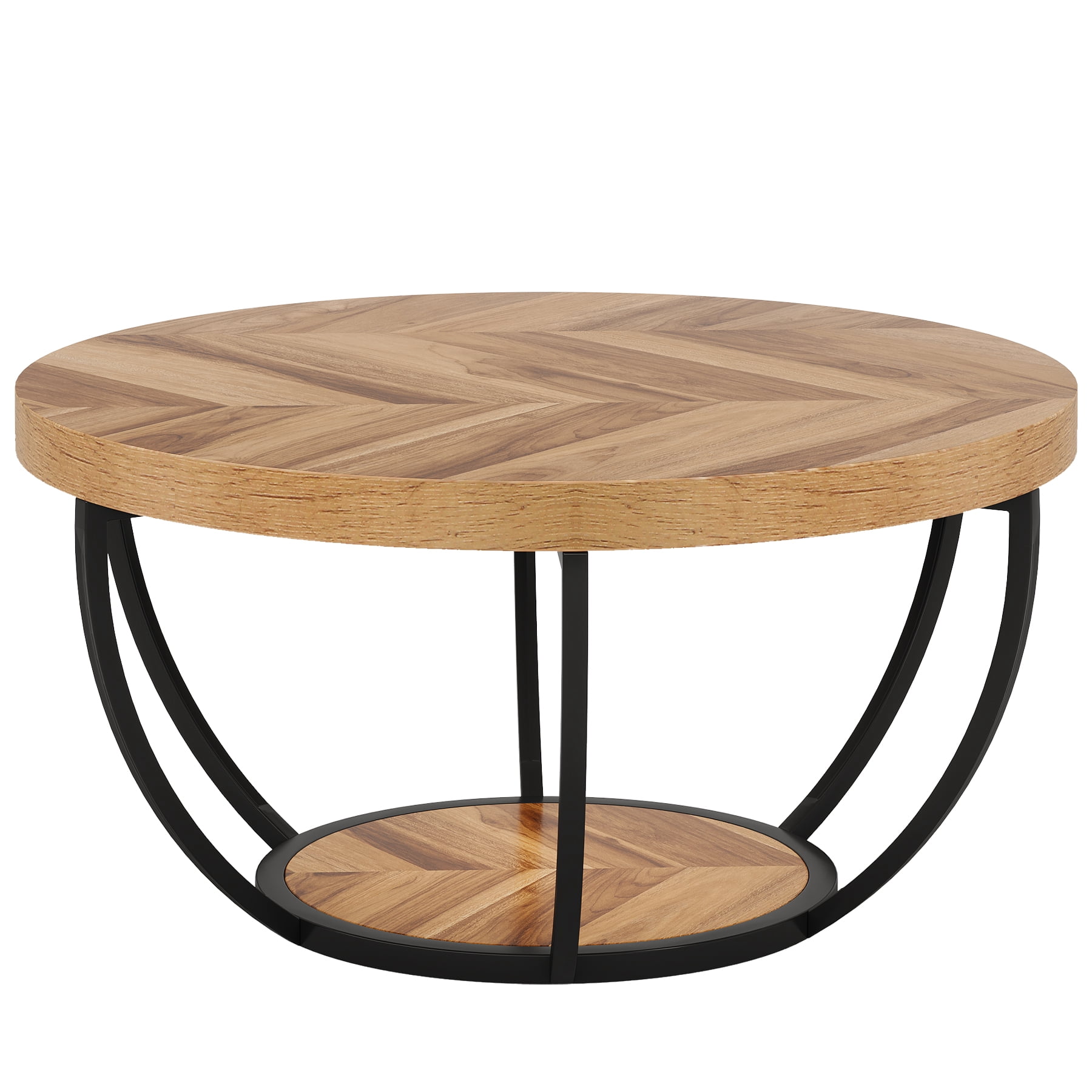 Fnova Coffee Table with 2 - Tier Storage, 32" Round Wood Coffee Table with Metal Legs, Modern Rustic Style Center Table for Living Room, Warm Brown and Black