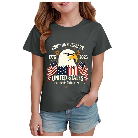 TOWED22 4th of July Girls Tshirts USA Flag Graphic Shirts Tee Tops for Toddler Kids Summer Patriotic Outfit(Dark Gray,7-8 Y)