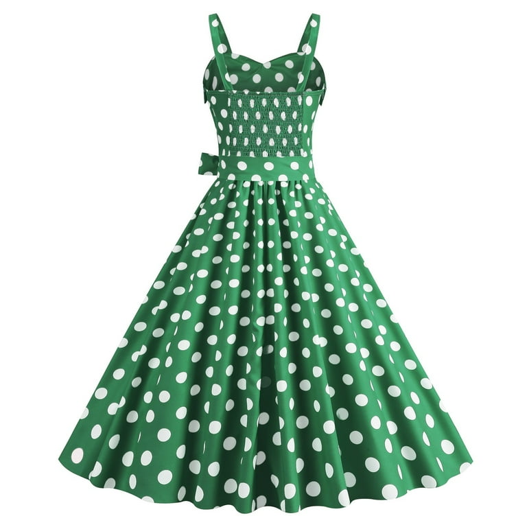 line and dot green dress A Line Polka Dot Round Neck Green Short Sleeves Wedding Guest Dress